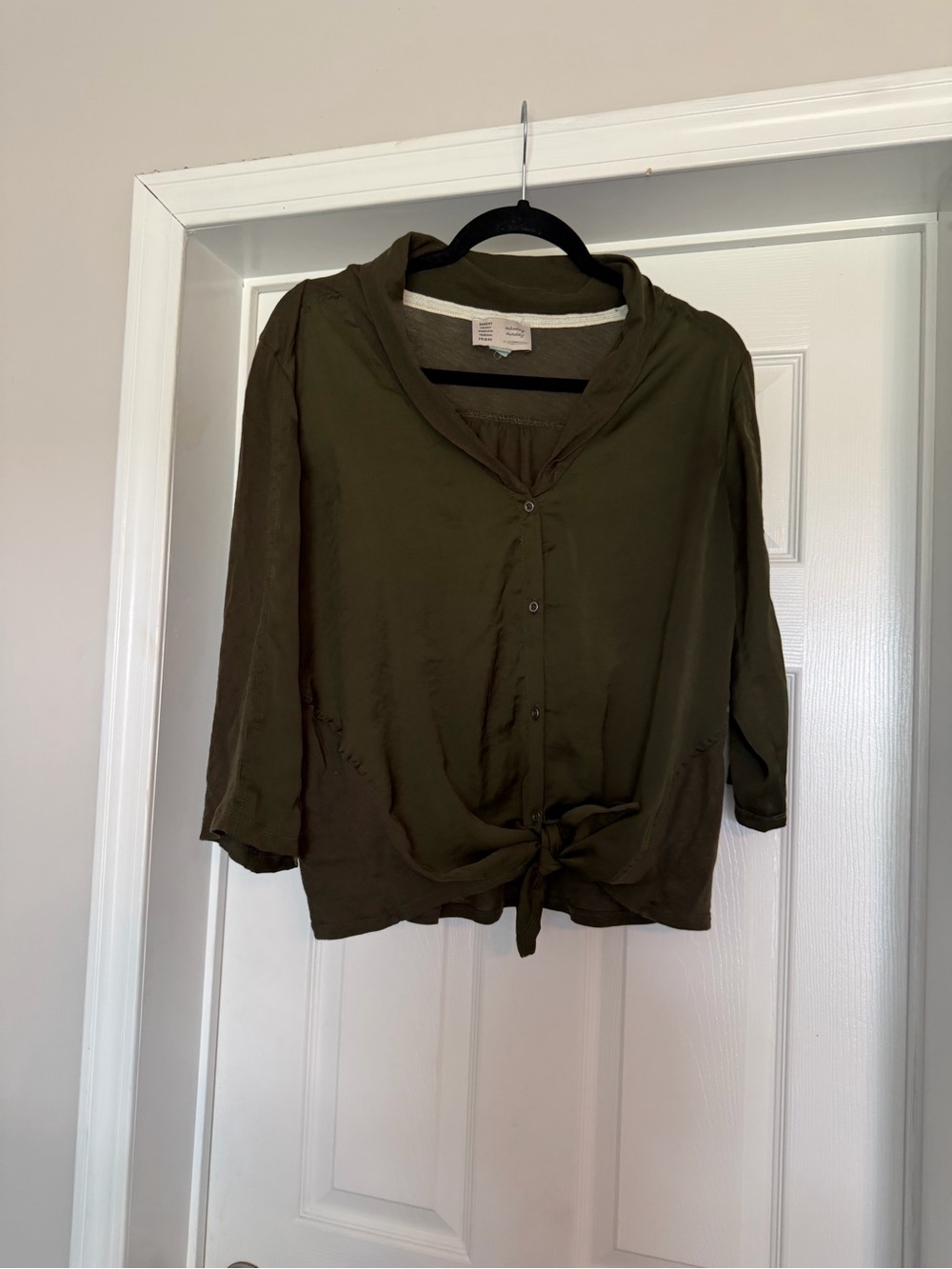Anthropologie Olive Green Button-Front Knot Lightweight Shirt